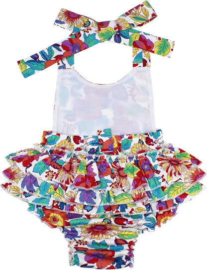 Baby Girl'S Floral Print Ruffles Romper Summer Clothes with Headband